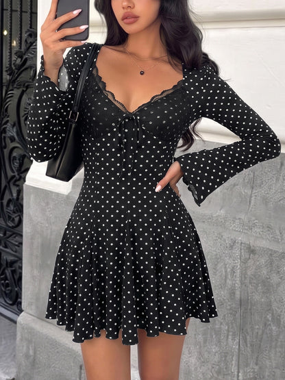 Polka Dot Lace Trim V Neck Long Sleeve Mini Dress