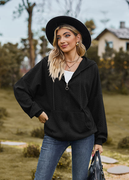 Oversized Textured Zip-Up Hoodie Jacket Pockets