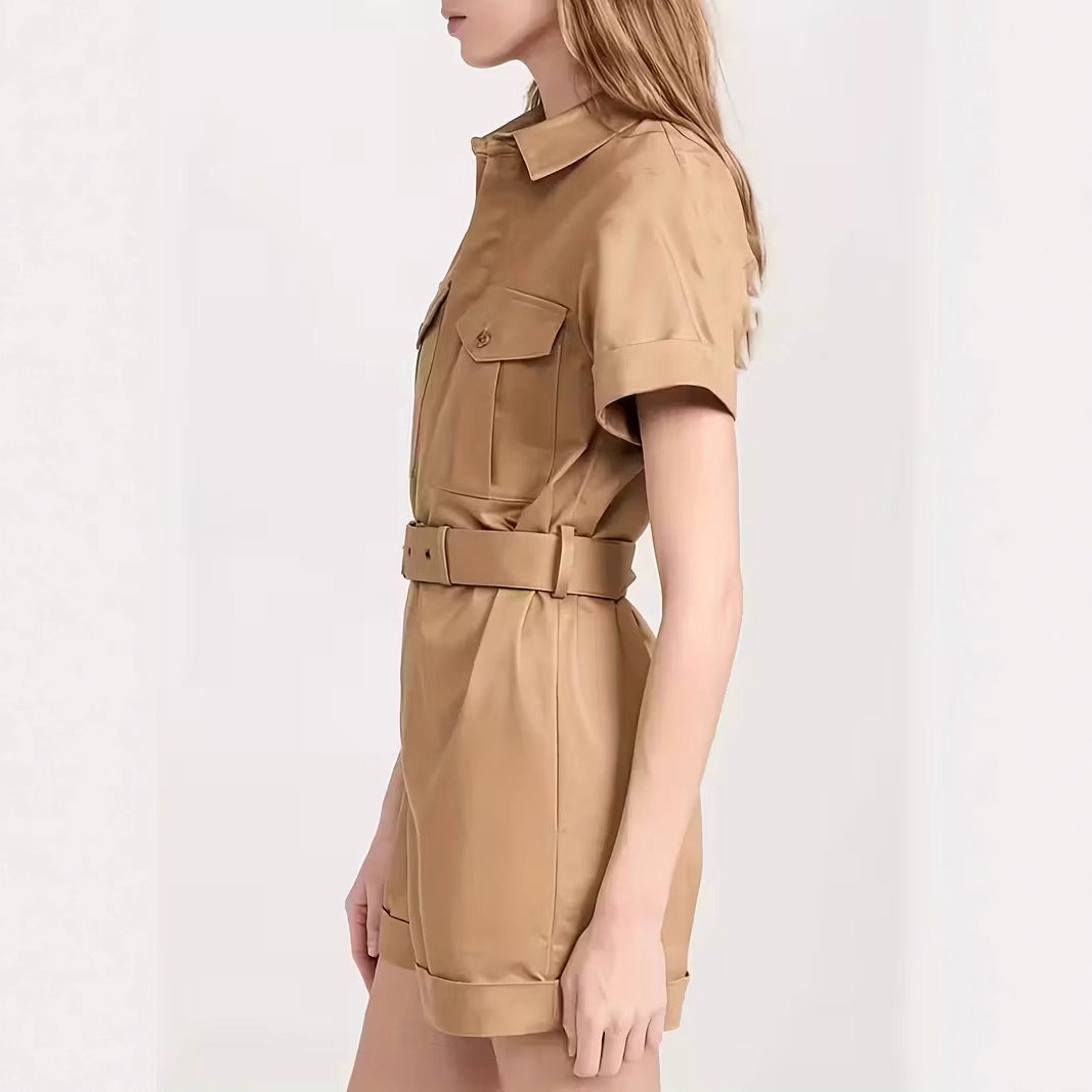 Women's Belted Utility Romper Short Sleeve Cargo Jumpsuit