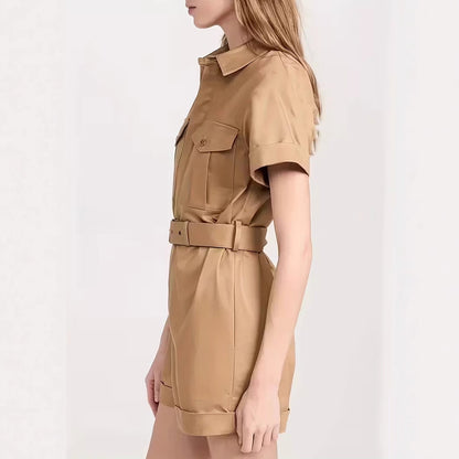 Women's Belted Utility Romper Short Sleeve Cargo Jumpsuit