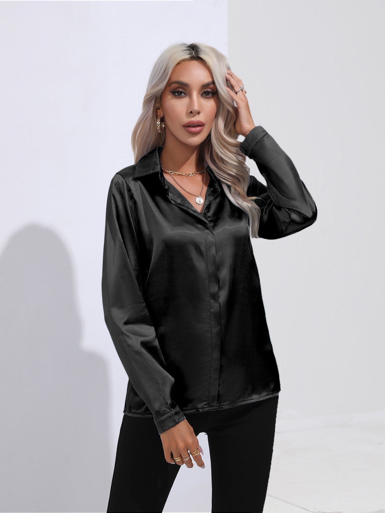 Women's Satin Long Sleeve Collared Blouse