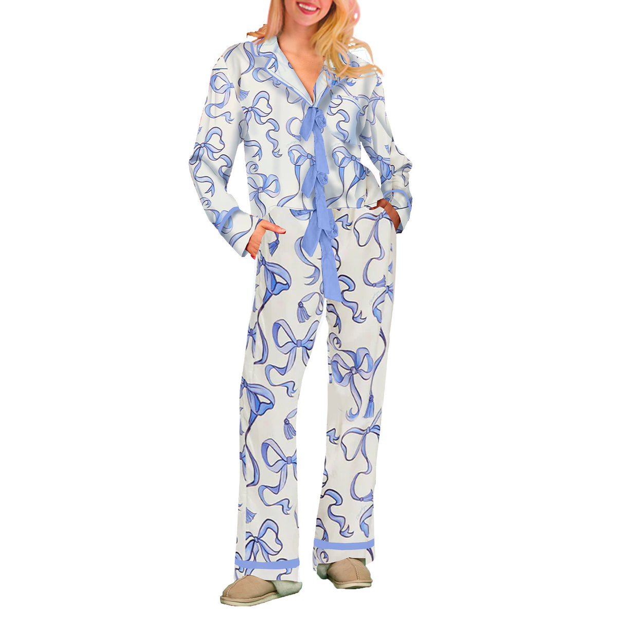 Women's Striped Bow Pajama Set Cotton Long Sleeve Pants