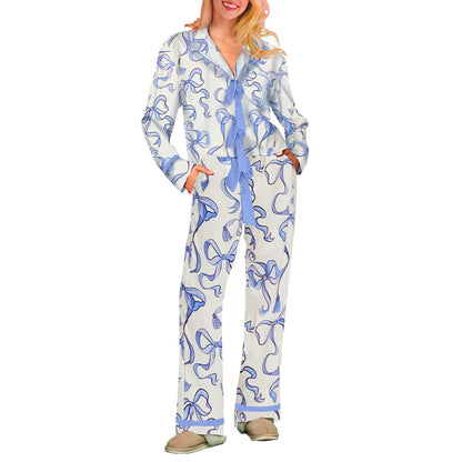 Women's Striped Bow Pajama Set Cotton Long Sleeve Pants