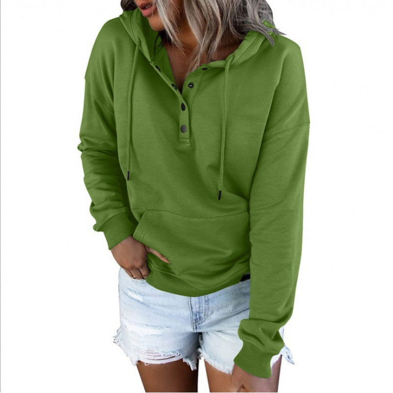 Women's Henley Hoodie Button Drawstring Pocket Pullover