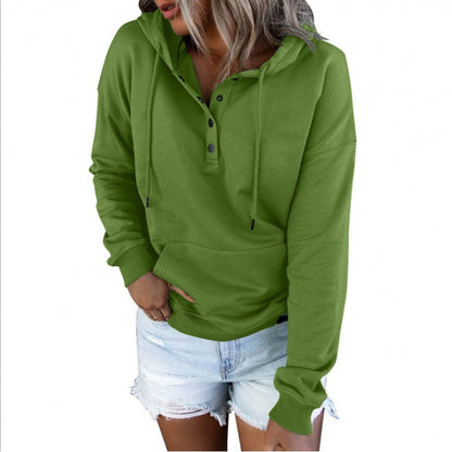 Women's Henley Hoodie Button Drawstring Pocket Pullover