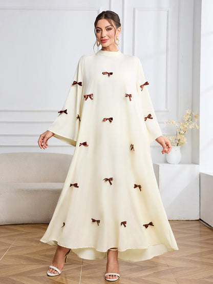 Modest White Maxi Dress Bow Details Flare Sleeves