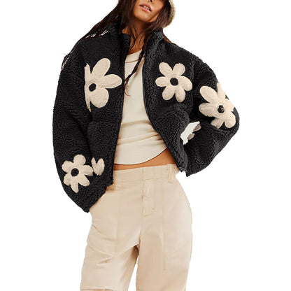 Oversized Floral Sherpa Zip-Up Fleece Jacket