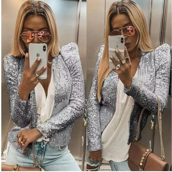Women's Sequin Zip Up Cropped Jacket Stand Collar