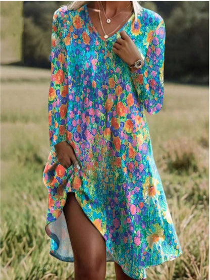 Floral V-Neck Long Sleeve A-Line Midi Dress