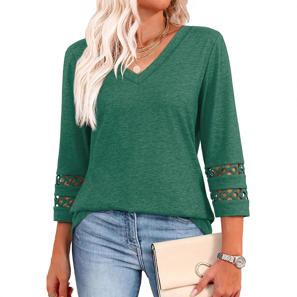 Women's V Neck 3/4 Sleeve Crochet Trim Loose Casual Blouse