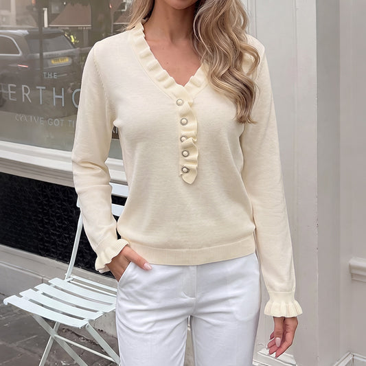 Ruffle Trim V Neck Sweater Pearl Button Pullover