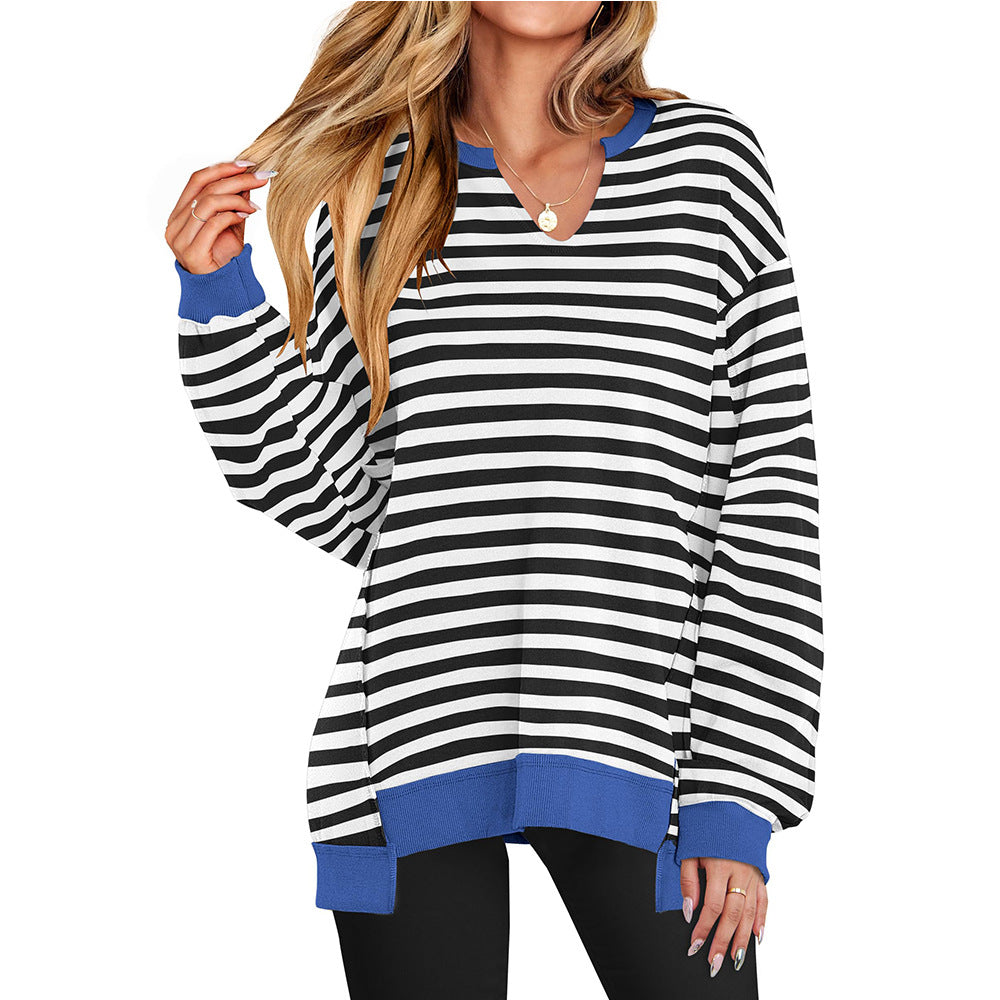 Bold Striped V-Neck Sweatshirt with Neon Contrast Trim
