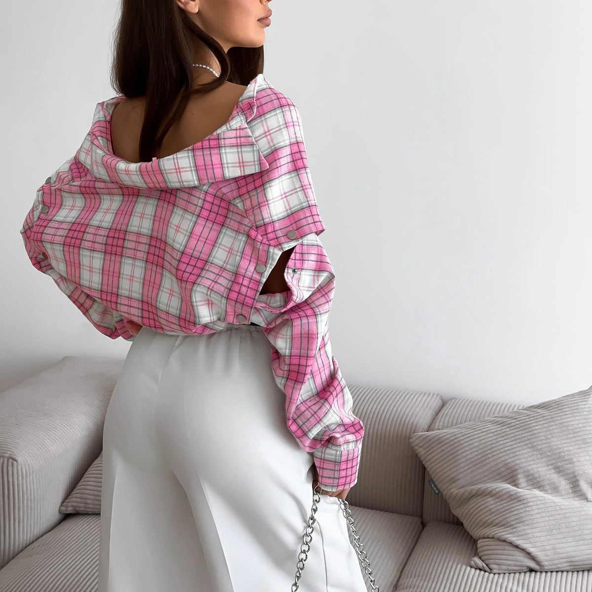 Women's Pink Plaid Oversized Shirt With Detachable Sleeves