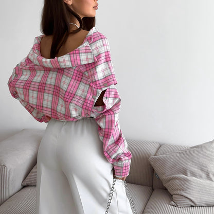 Women's Pink Plaid Oversized Shirt With Detachable Sleeves