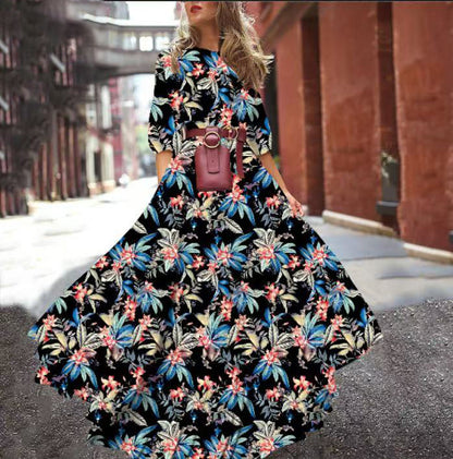 Women's Floral Maxi Dress Long Sleeve A-Line Flowy