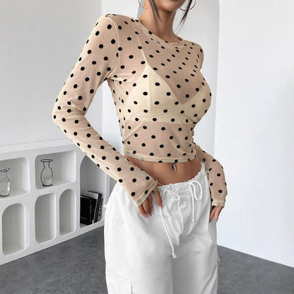 Polka Dot Sheer Mesh Long Sleeve Top for Women