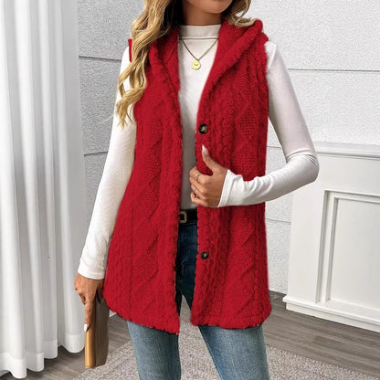Women's Hooded Fleece Button Front Vest Cardigan