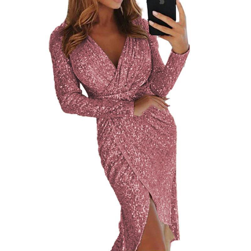 Sequin Long Sleeve V-Neck Bodycon Slit Midi Cocktail Dress