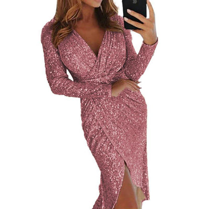 Sequin Long Sleeve V-Neck Bodycon Slit Midi Cocktail Dress