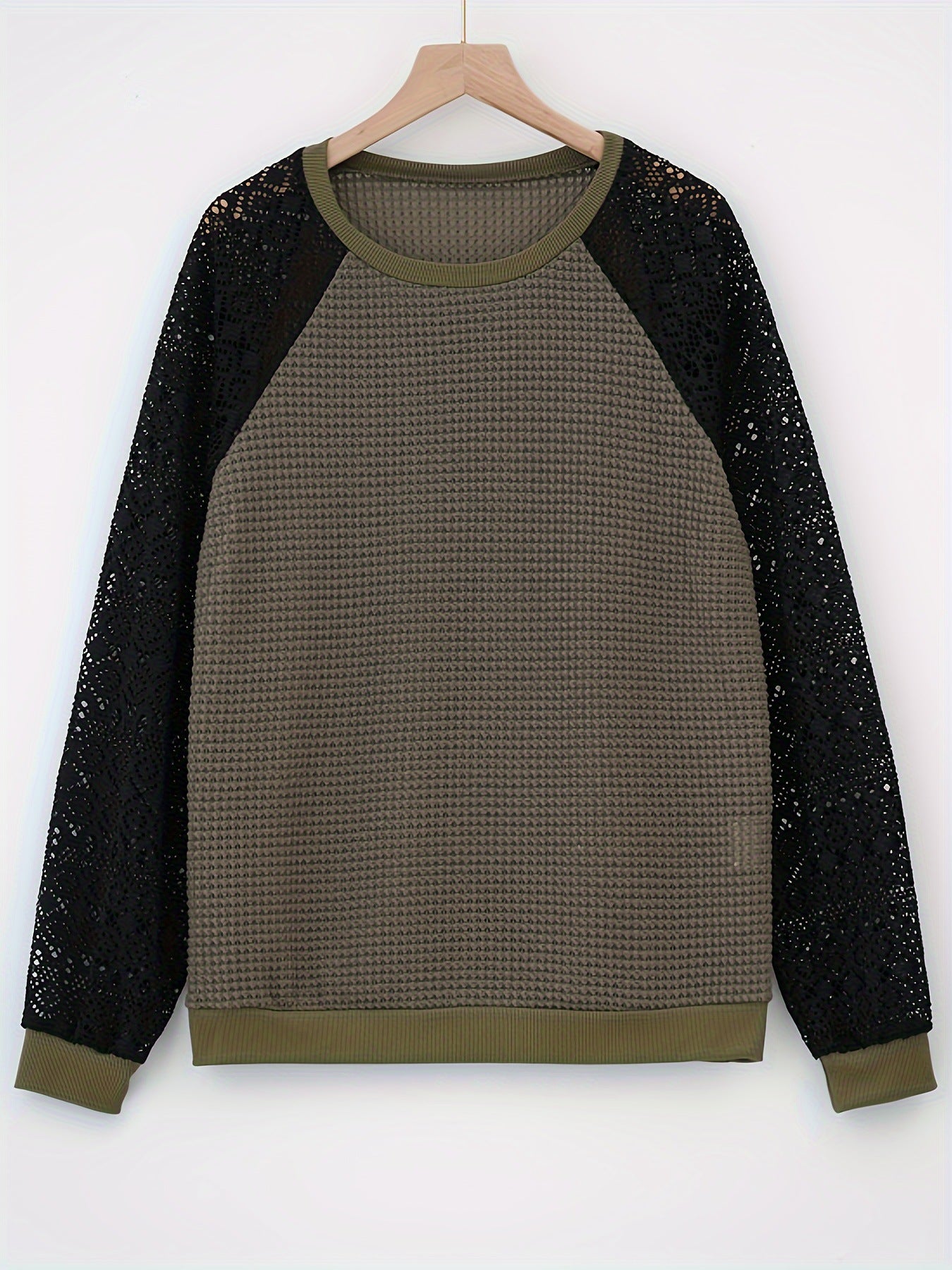 Lace Long Sleeve Crew Neck Hollow Out Knit Top