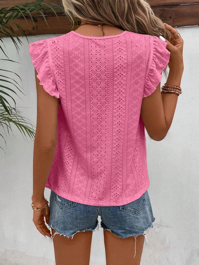 White Eyelet Lace Ruffle Sleeve Summer Blouse Women