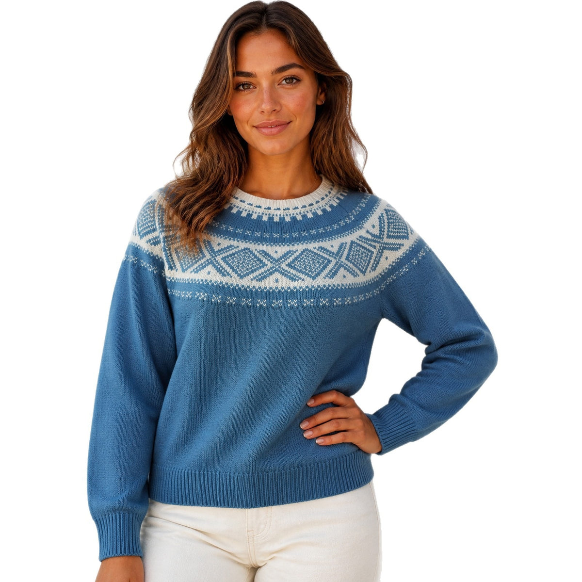 Womens Nordic Fair Isle Sweater Oversized Crewneck Blue