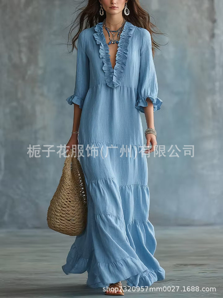 Women's Boho V-Neck Ruffle Tiered Maxi Dress Casual Summer