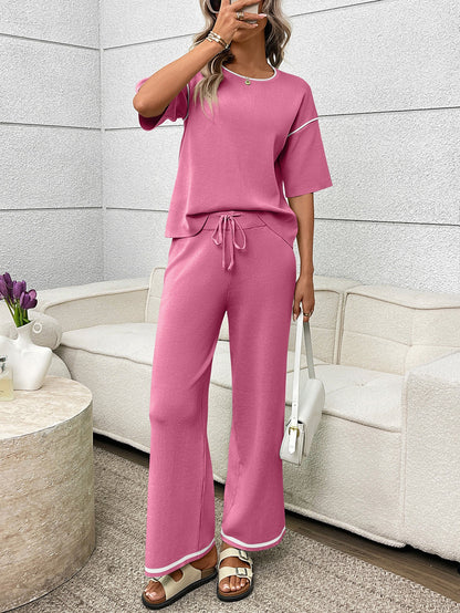 Mint Knit Lounge Set Short Sleeve Top Wide Leg Pants