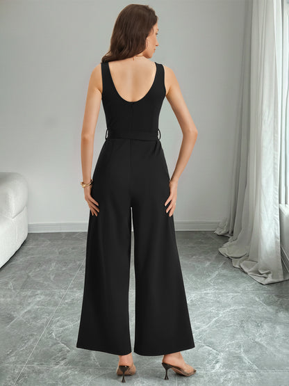 Sleeveless Color Block Jumpsuit Tie Waist Wide Leg