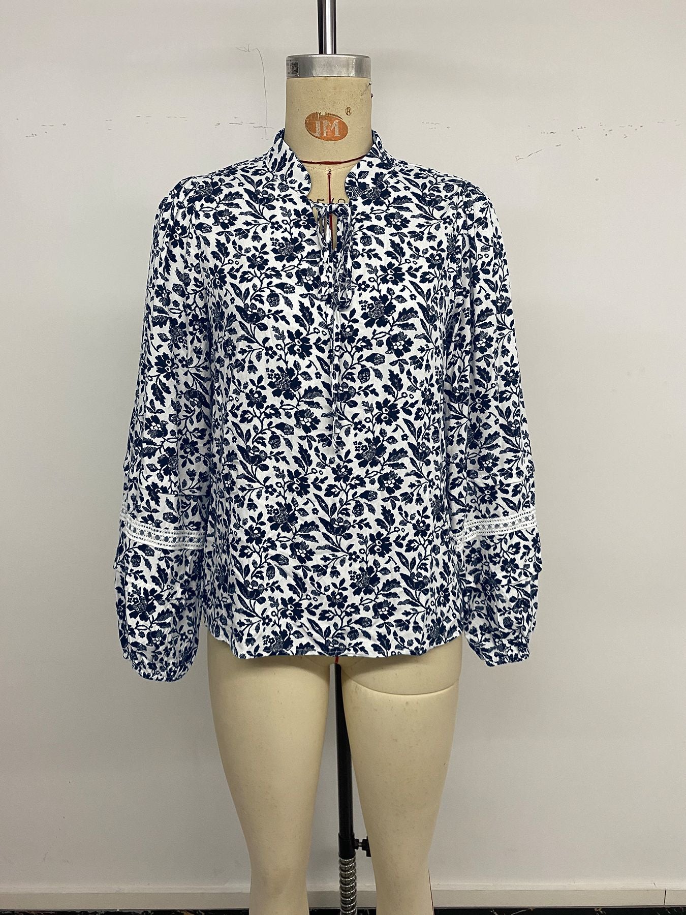 Floral Balloon Sleeve Tie Neck Blouse Women Casual Chic Top