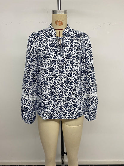 Floral Balloon Sleeve Tie Neck Blouse Women Casual Chic Top