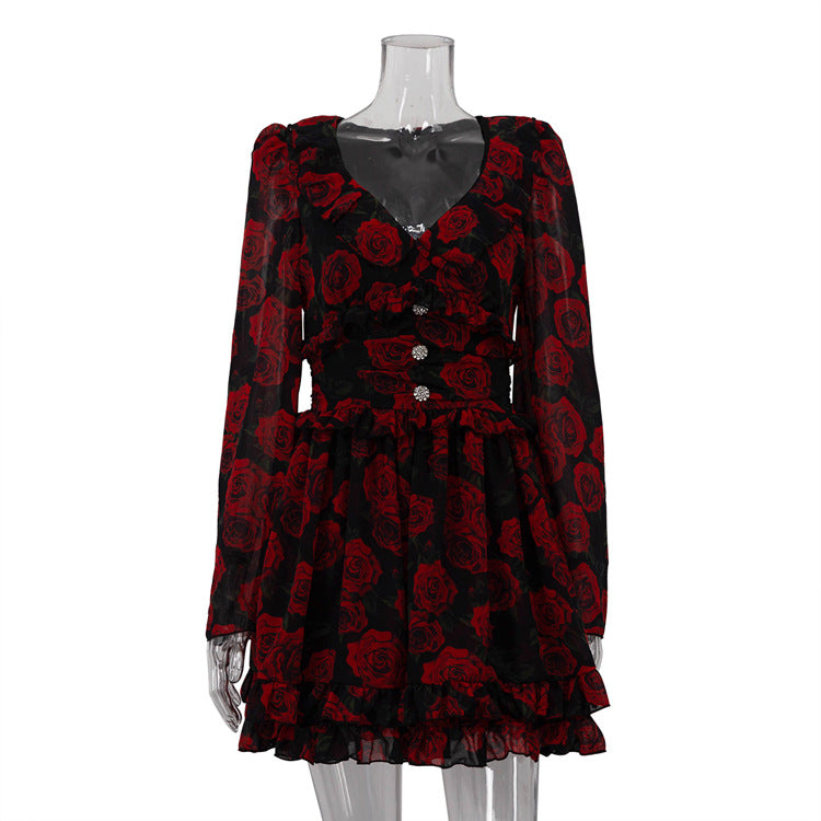 Floral V-Neck Long Sleeve Button Front A-Line Mini Dress