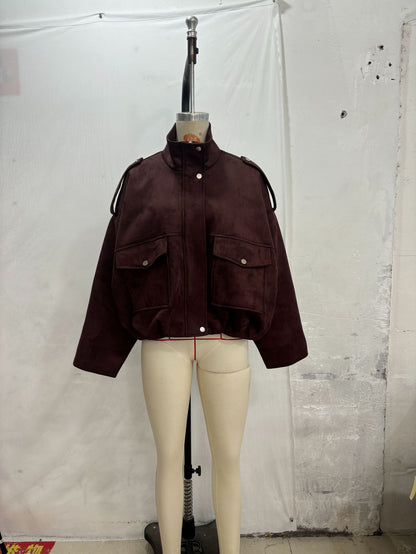 Women's Oversized Faux Suede Bomber Jacket Vintage