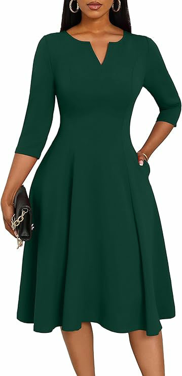 Women's 3/4 Sleeve V-Neck A-Line Midi Dress Wedding Guest