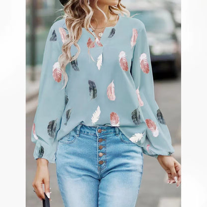 Feather Print V Neck Chiffon Blouse Long Sleeve Top