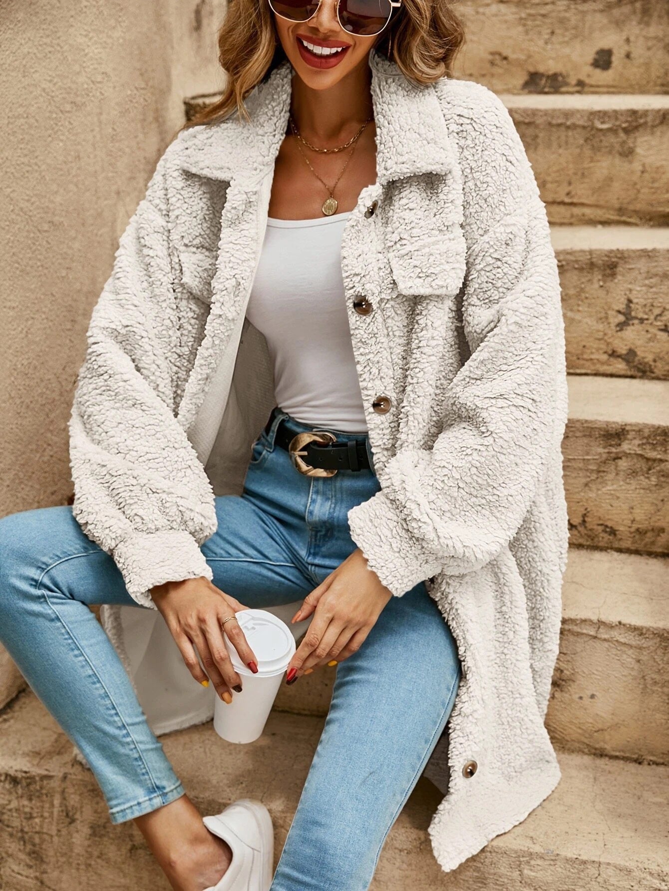Women's Long Sherpa Jacket Button Down Collared Coat