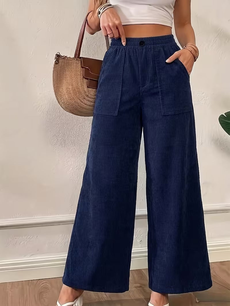 Women's High Waist Ribbed Wide Leg Casual Pants Pockets