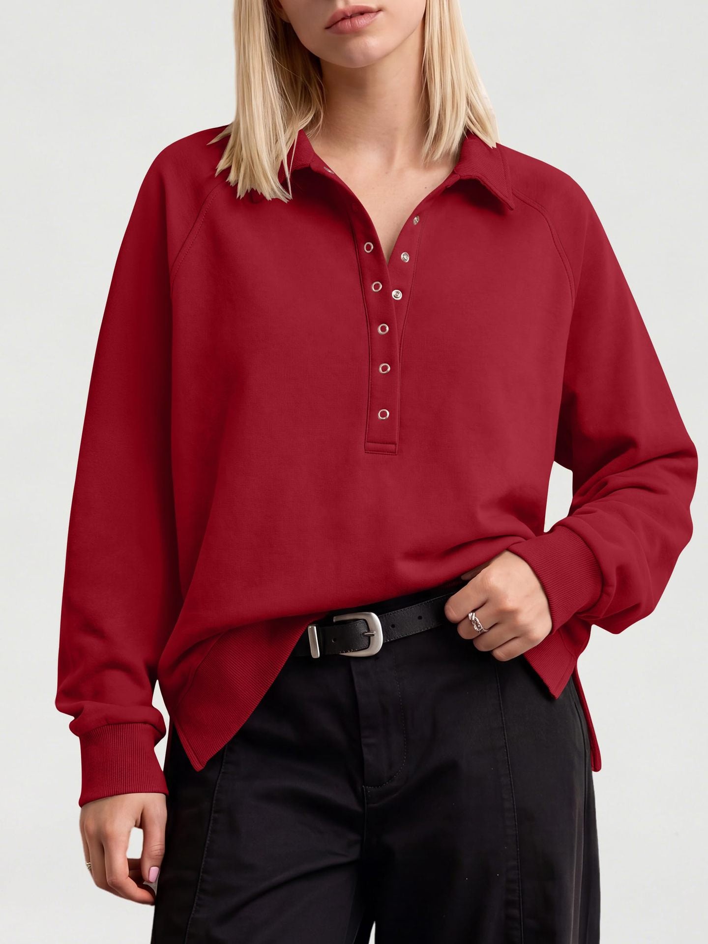 Women's Oversized Collared Button Pullover Sweatshirt