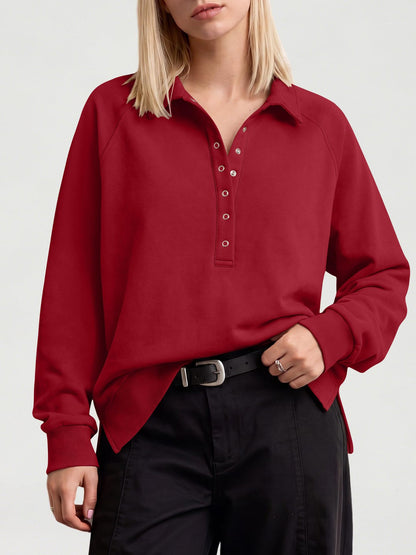 Women's Oversized Collared Button Pullover Sweatshirt