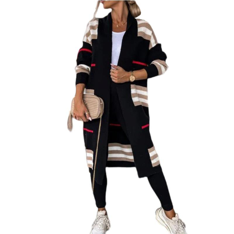 Women's Oversized Striped Long Open Front Cardigan