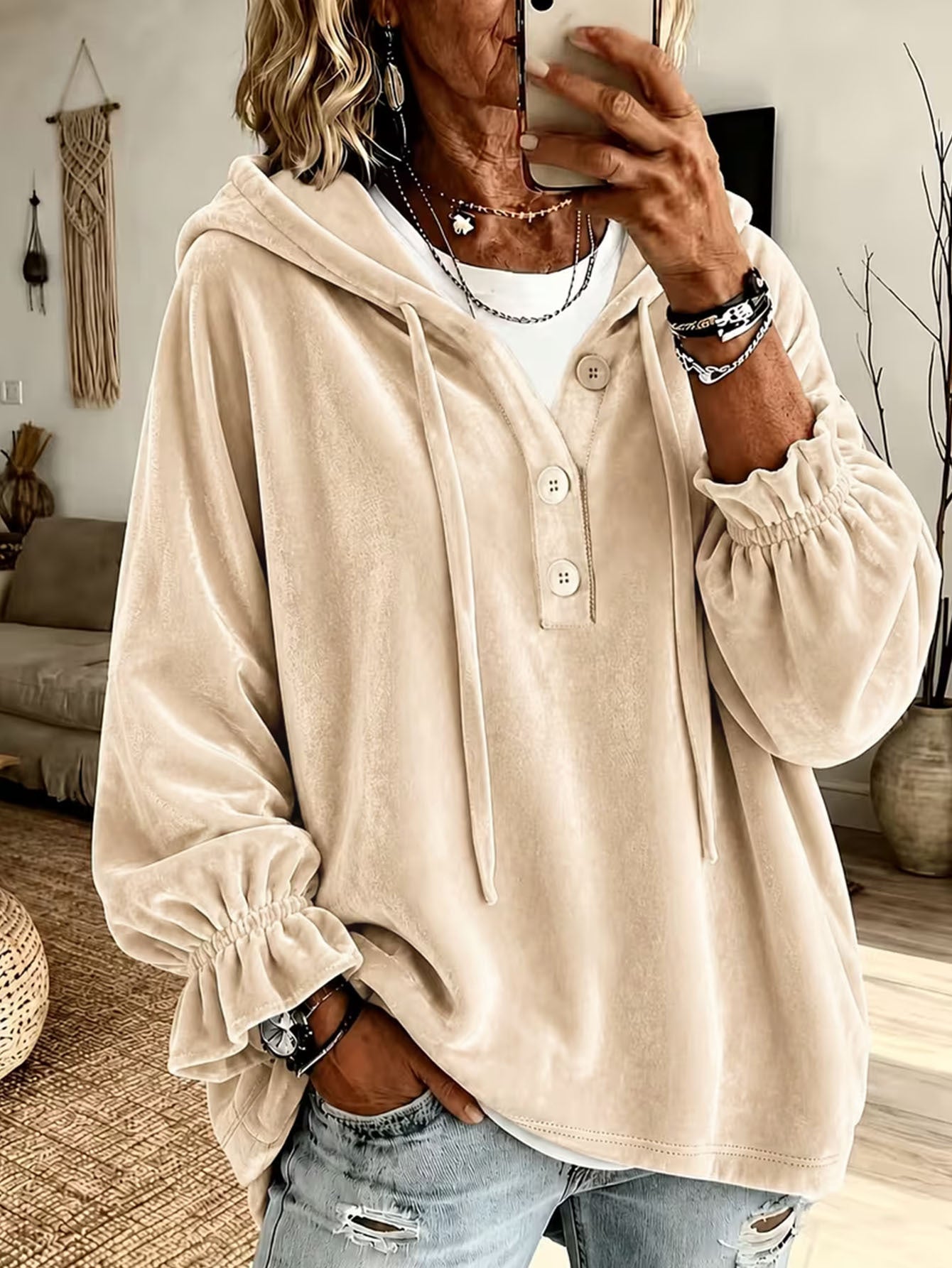 Women's Oversized Button Up Hoodie Loose Pullover Top