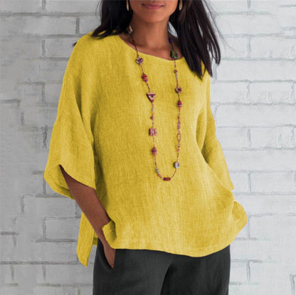 Women Cotton Linen 3/4 Sleeve Round Neck Plus Size Blouse