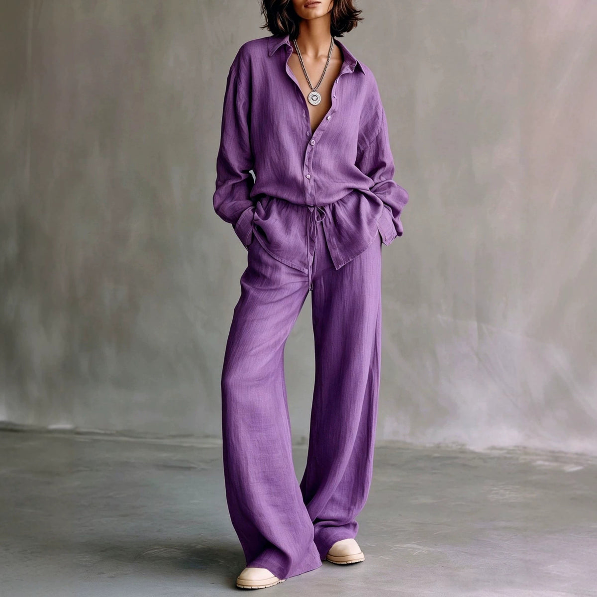 Women's Button Down Shirt Wide Leg Pants Matching Set