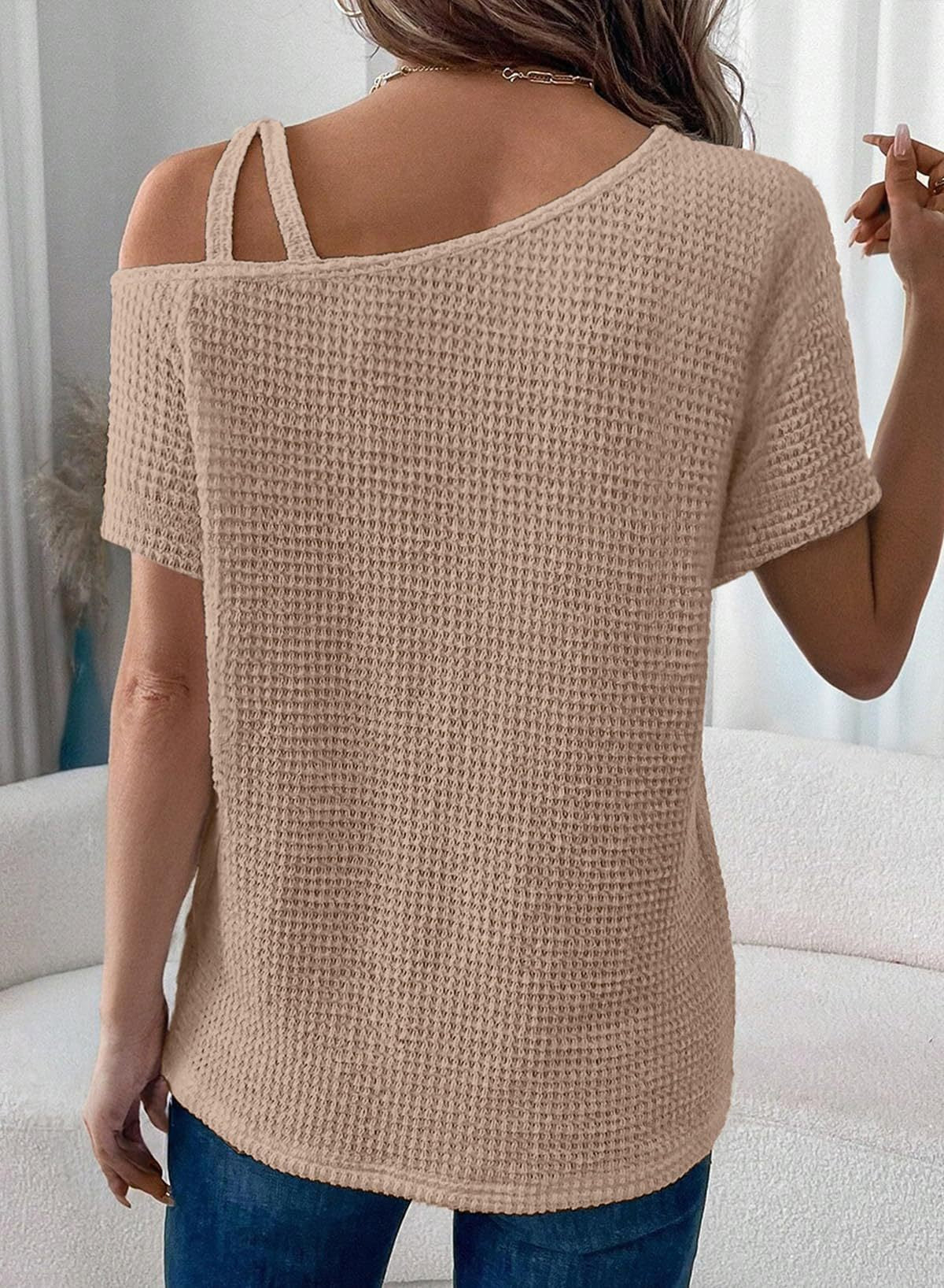 Women's Off-Shoulder Knit Top – Casual Summer Short Sleeve Blouse
