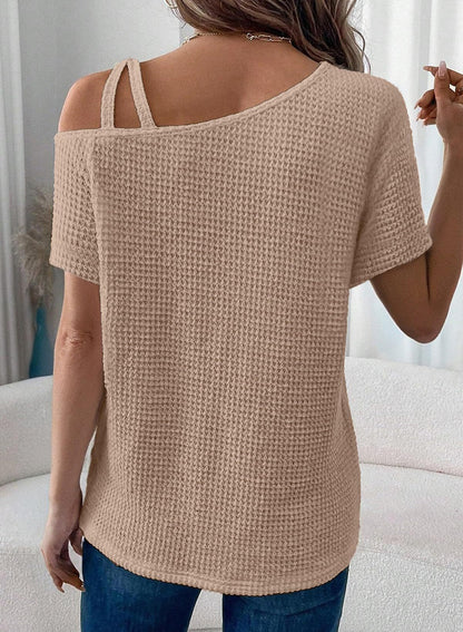 Women's Off-Shoulder Knit Top – Casual Summer Short Sleeve Blouse