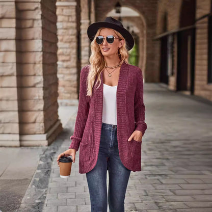 Women's Open Front Ribbed Knit Long Cardigan with Pockets