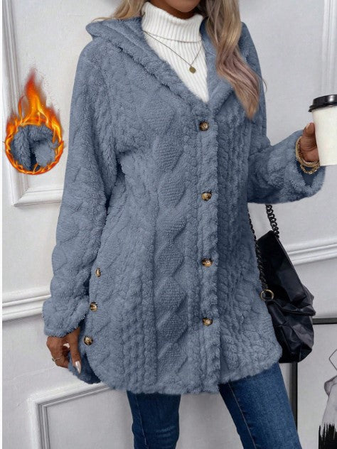 Women's Fuzzy Hooded Button Cardigan Winter Warm Coat