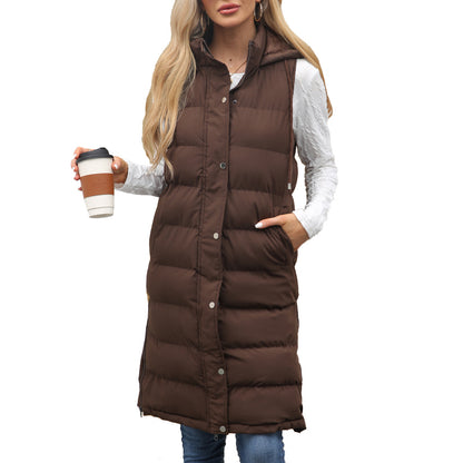 Women's Long Hooded Sleeveless Quilted Puffer Vest
