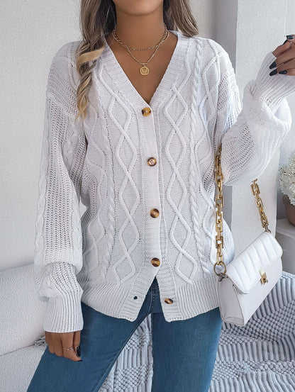 Fall Winter Cable Knit V Neck Lantern Sleeve Cardigan