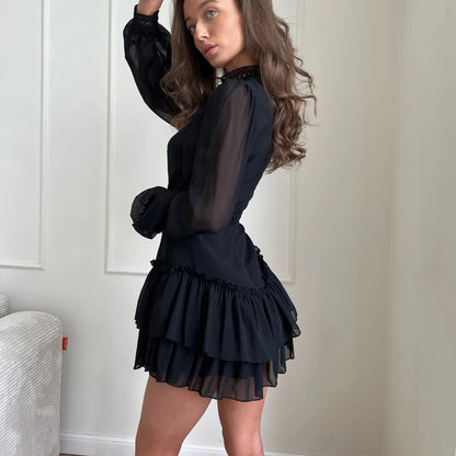 Black Chiffon Cutout Mini Dress Mock Neck Long Sleeve